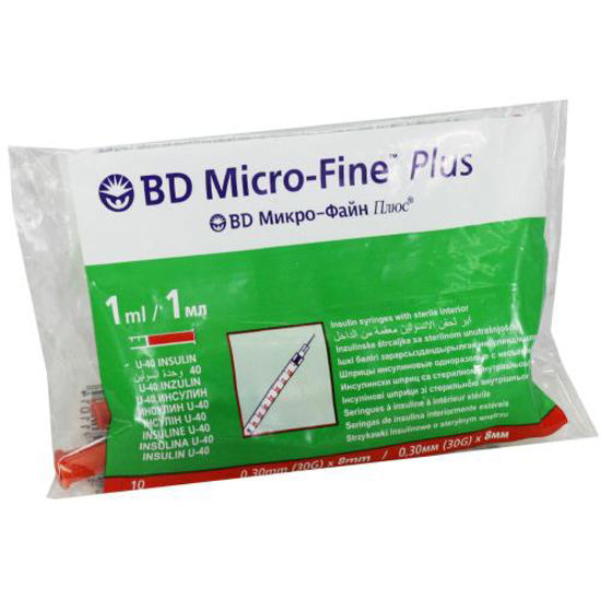 Шприц ін’єкційний інсуліновий стерильний BD Micro-Fine Plus (БД Мікро-Файн Плюс ) 1 мл Інсулін U-40 (Ю-40) + голка 0.30 мм х 8 мм 10 штук